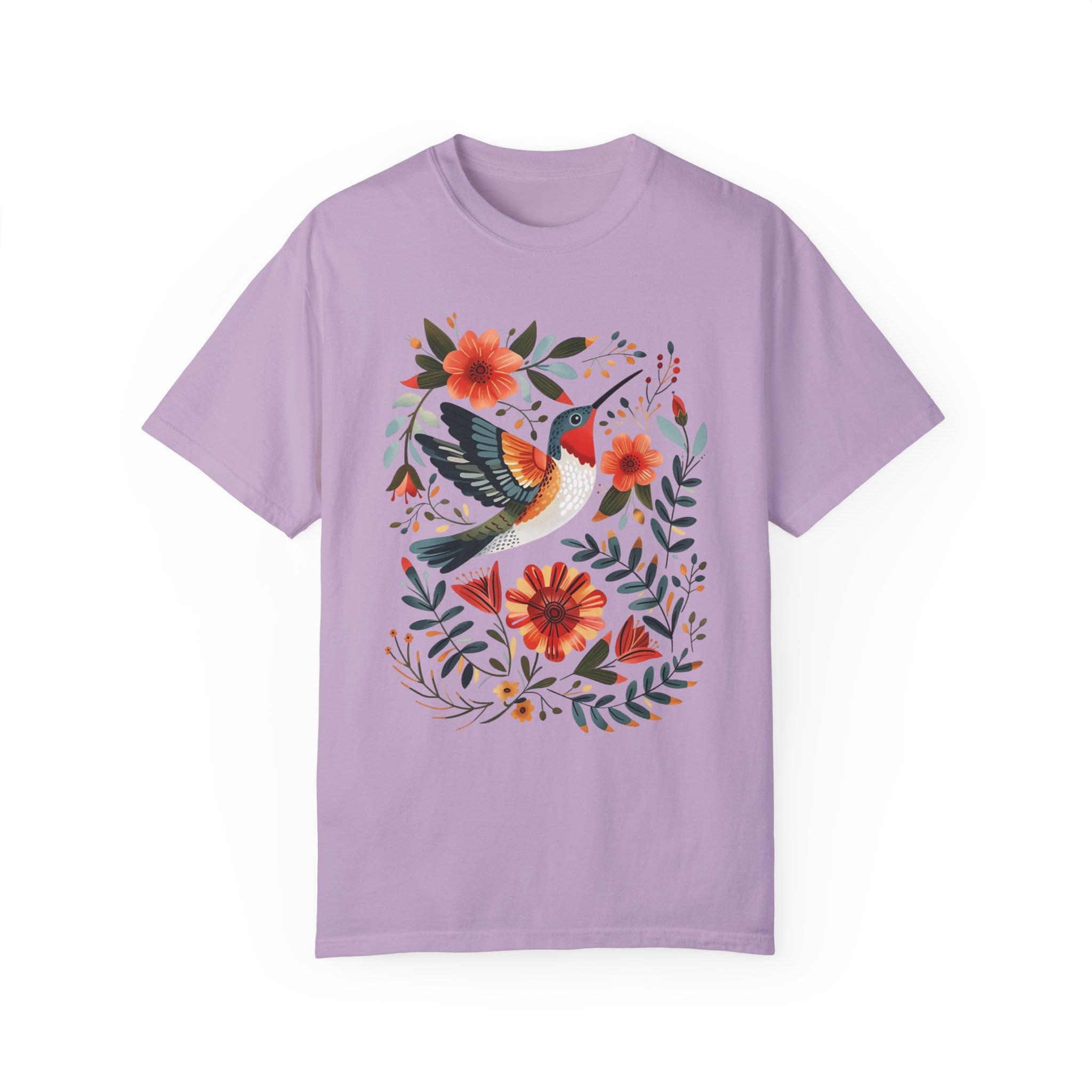 Hummingbird & Flowers Folk Art Comfort Colors Shirt