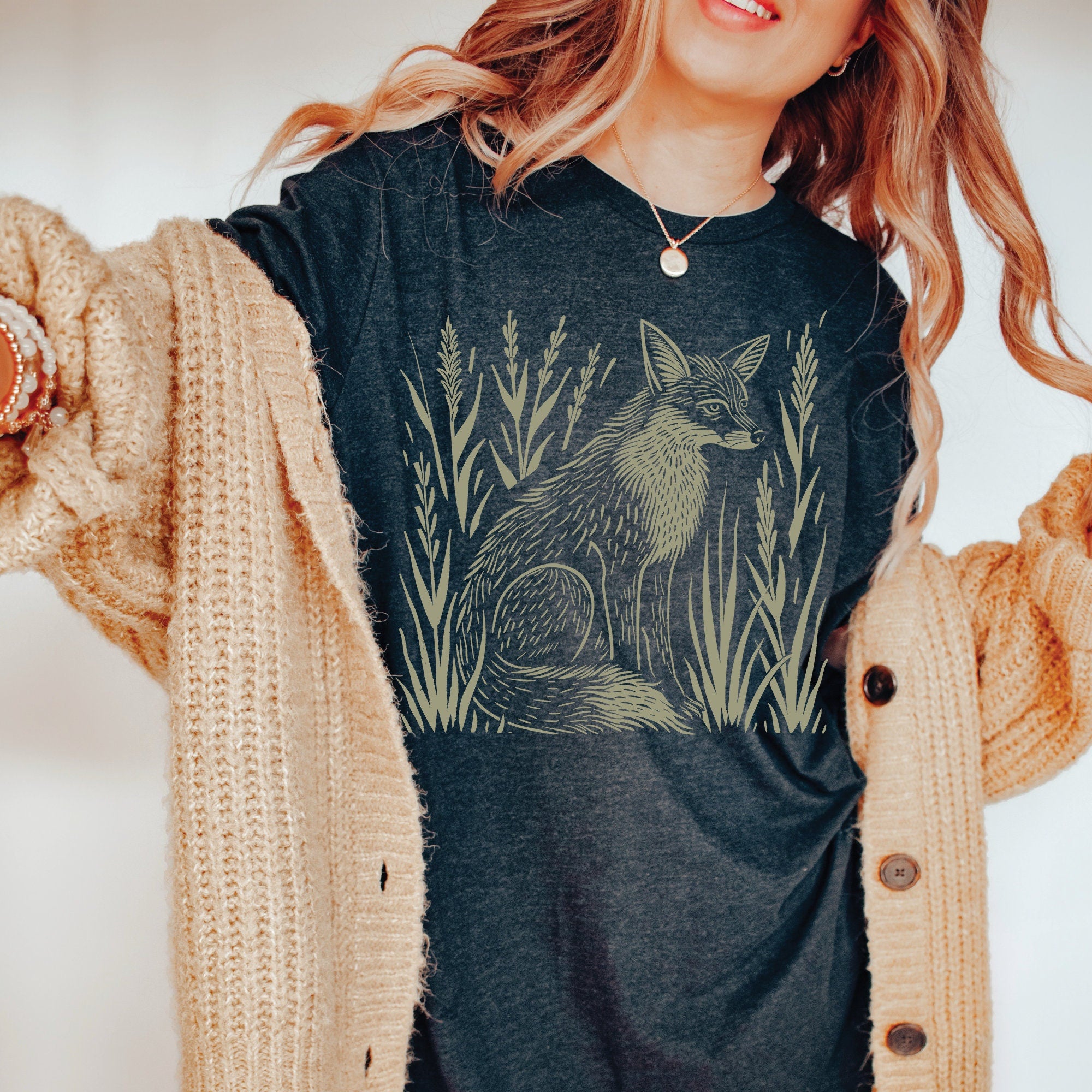 Fox & Wildflower Vintage Linocut Graphic T-Shirt