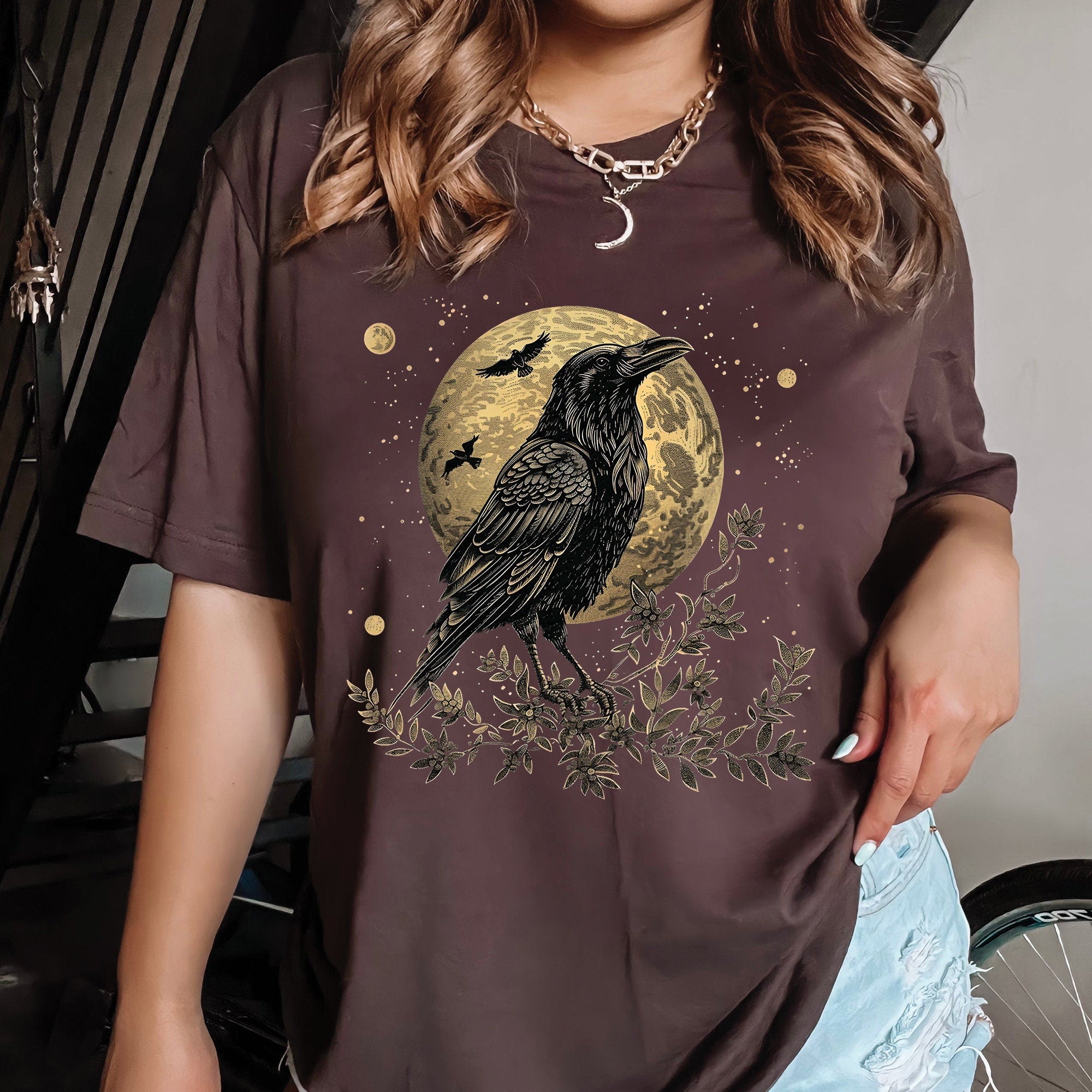 Gothic Raven Moon Graphic Shirt