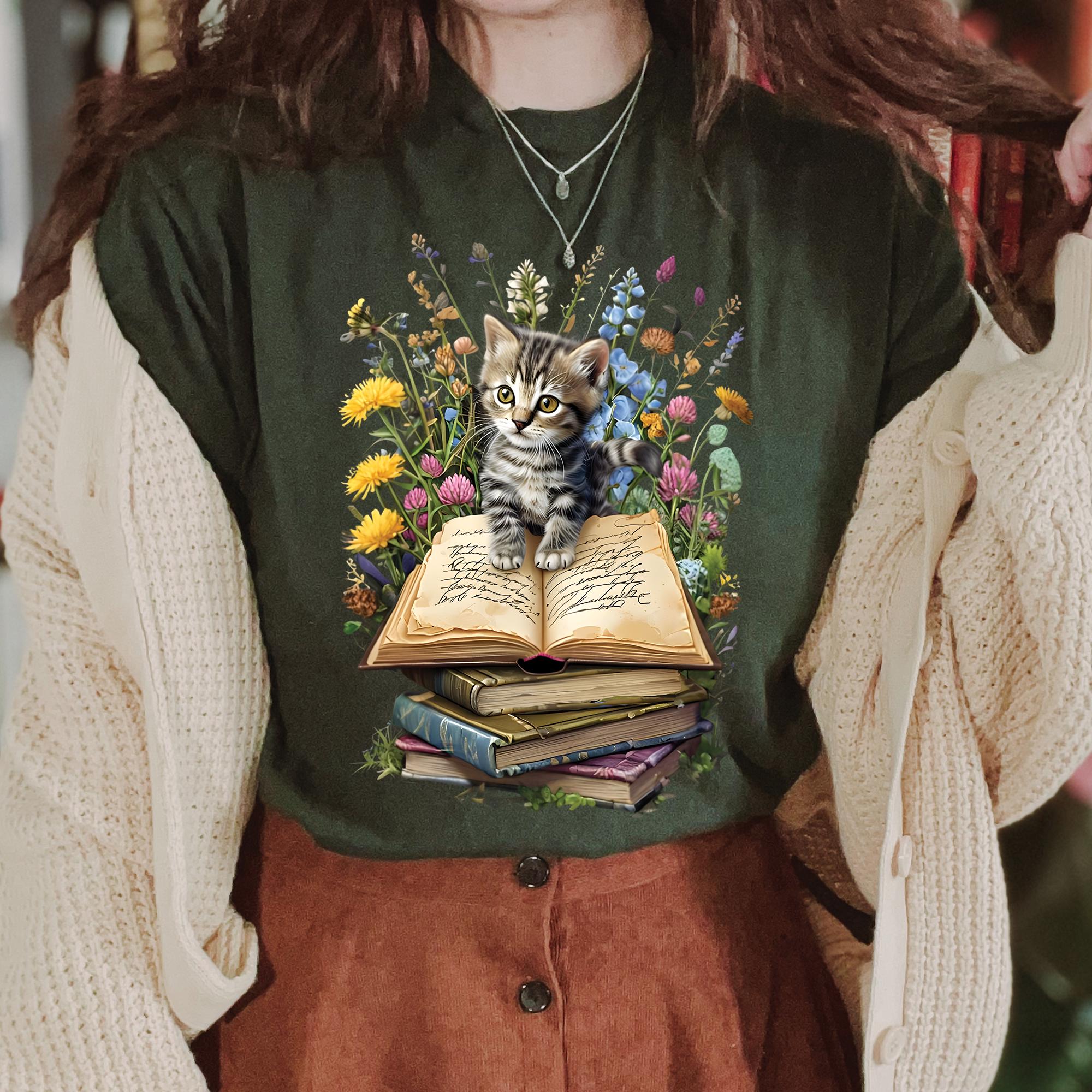 Floral Cat Book T-Shirt