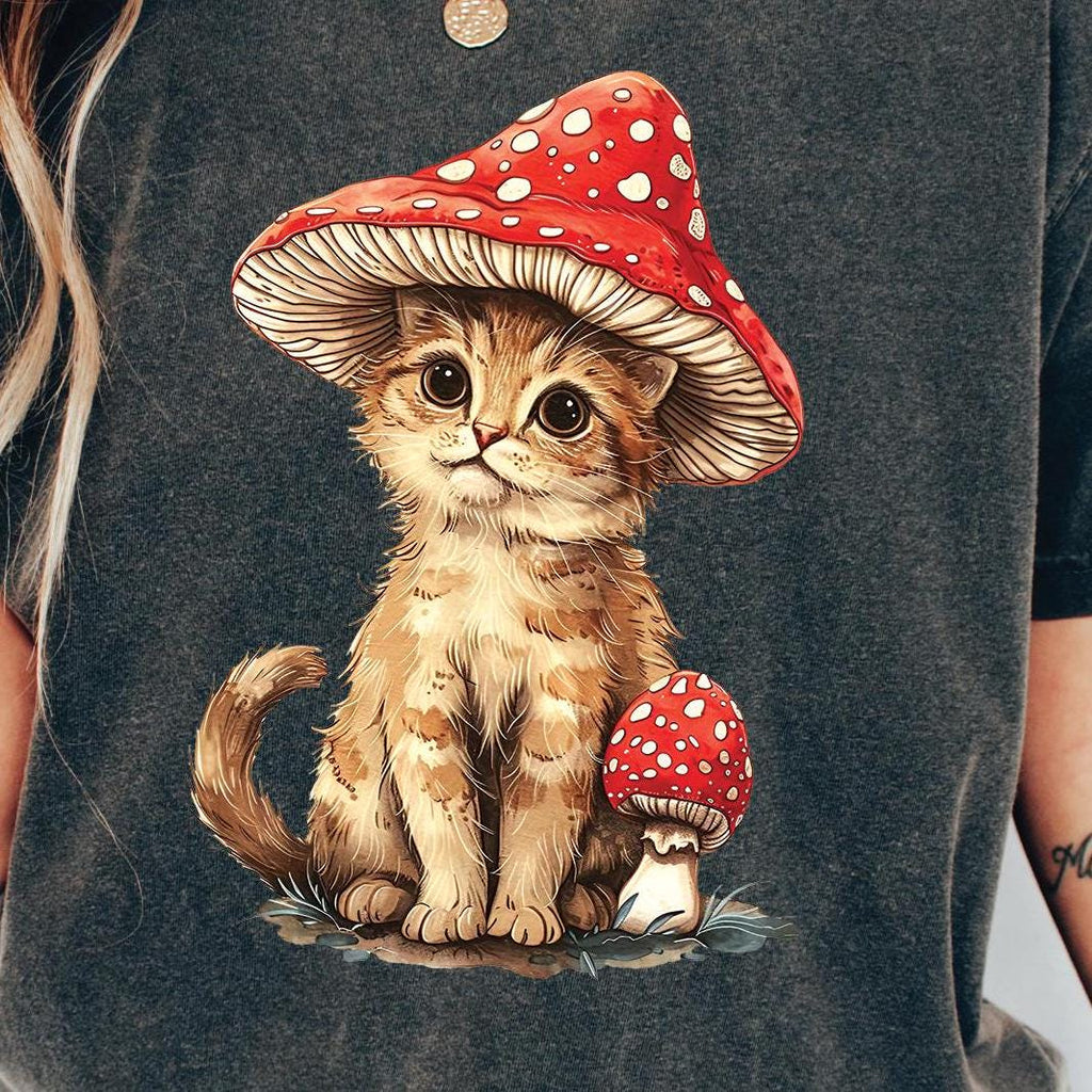 Cat and Mushroom Graphic T-Shirt