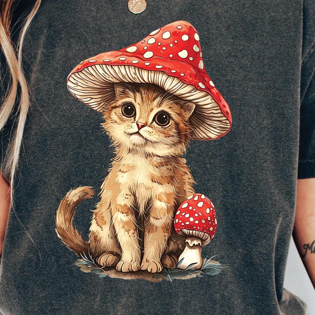 Cat and Mushroom Graphic T-Shirt