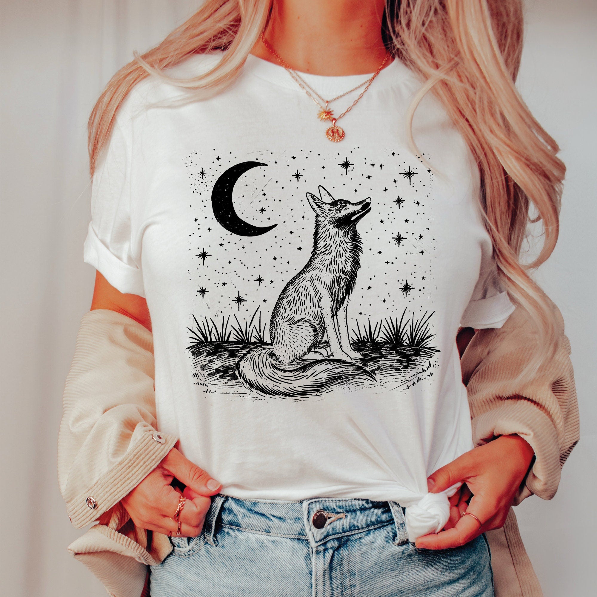 Vintage Linocut Fox Moon T-Shirt