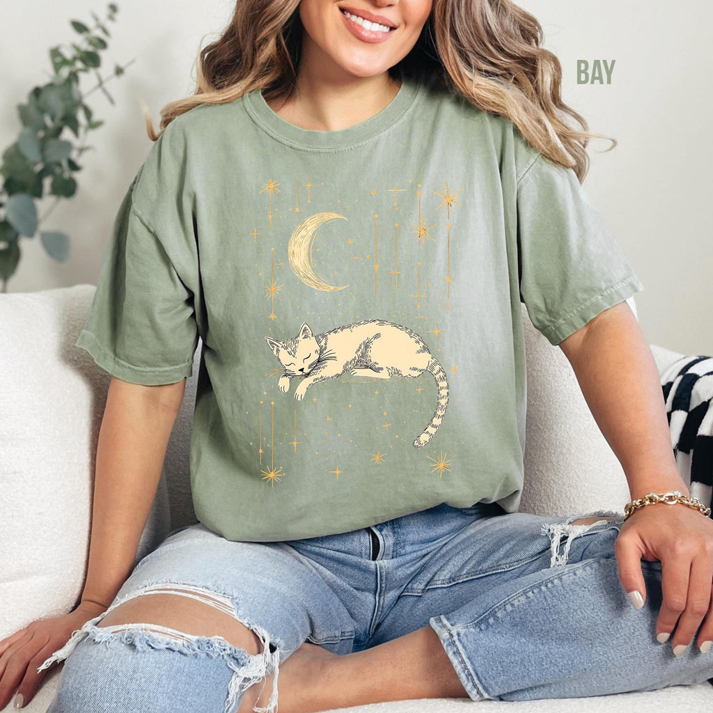 Celestial Moon & Stars Comfort Colors Cat T-Shirt