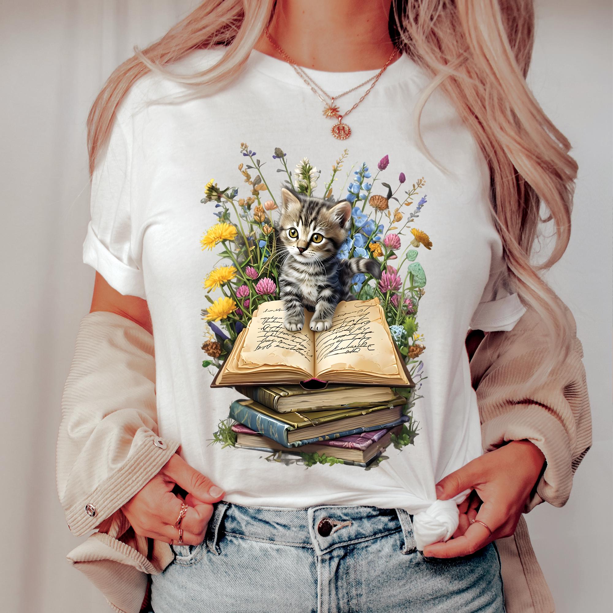 Floral Cat Book T-Shirt