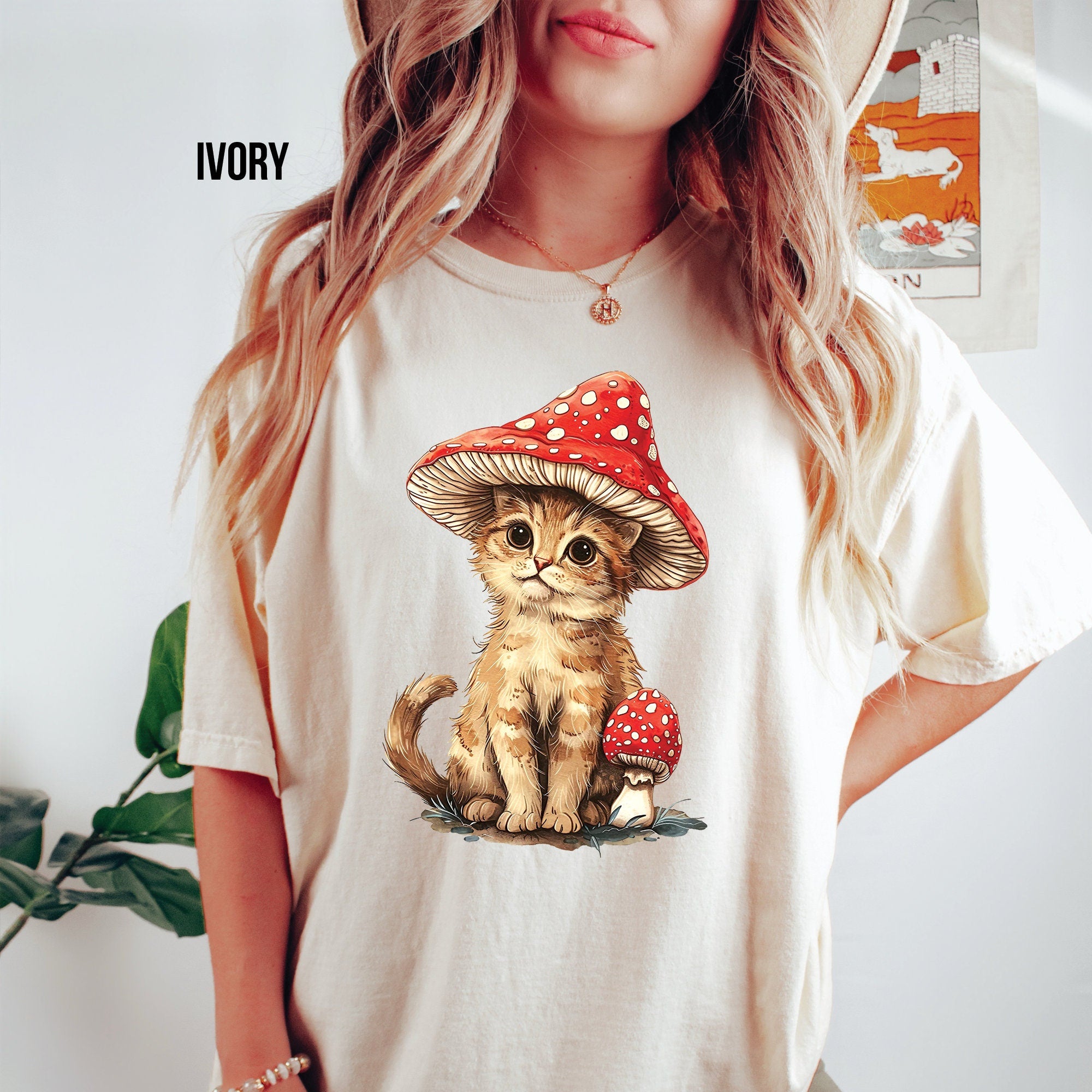 Cat and Mushroom Graphic T-Shirt