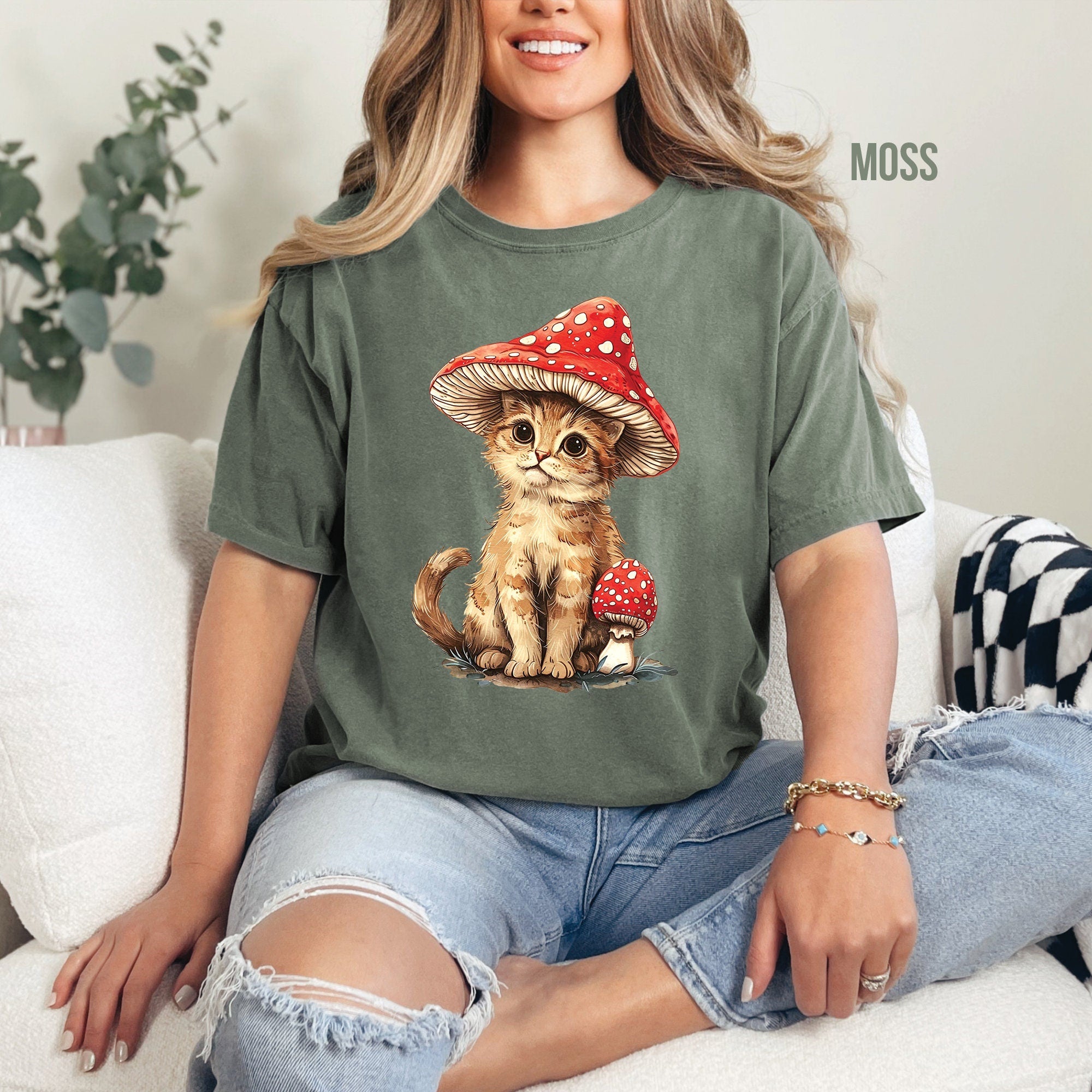 Cat and Mushroom Graphic T-Shirt