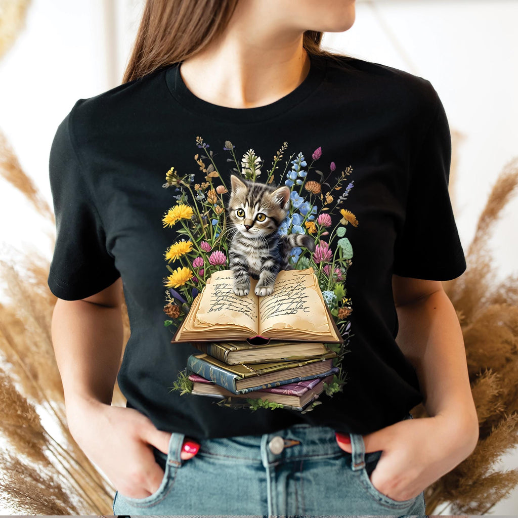 Floral Cat Book T-Shirt