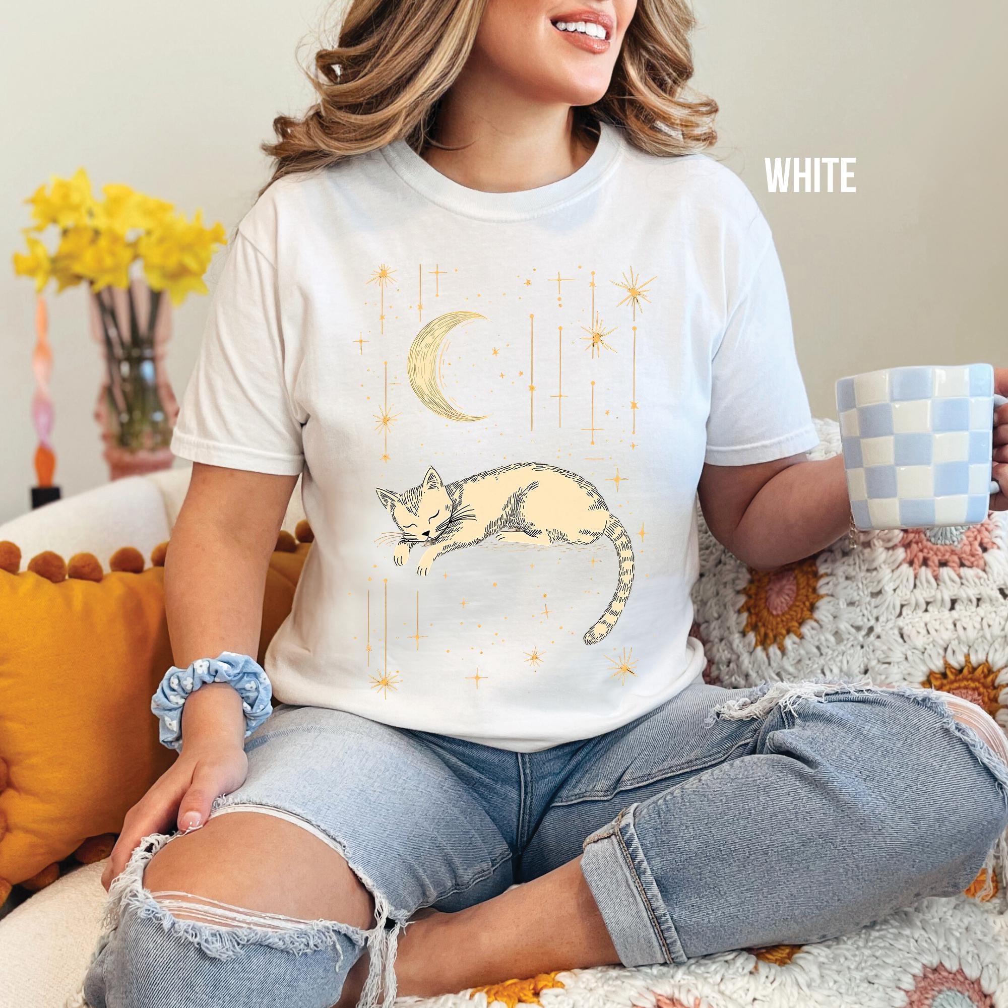 Celestial Moon & Stars Comfort Colors Cat T-Shirt