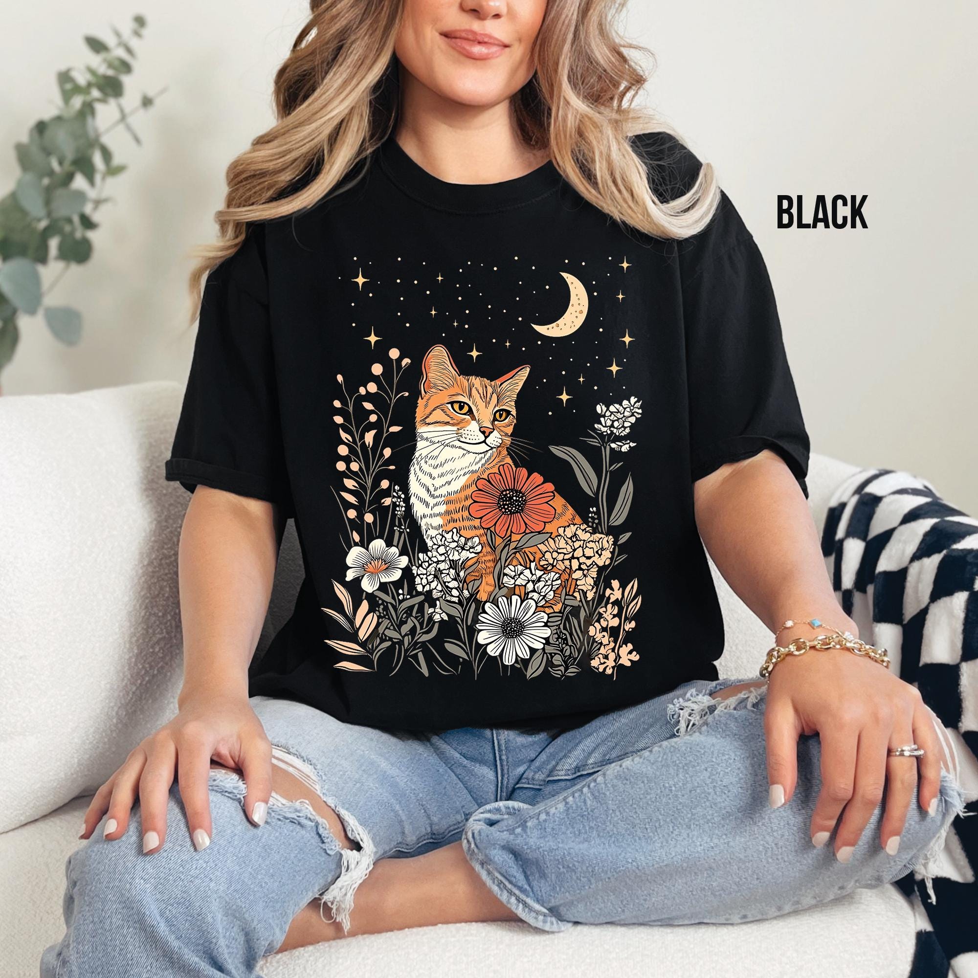 Celestial Cat Moon & Stars T-Shirt