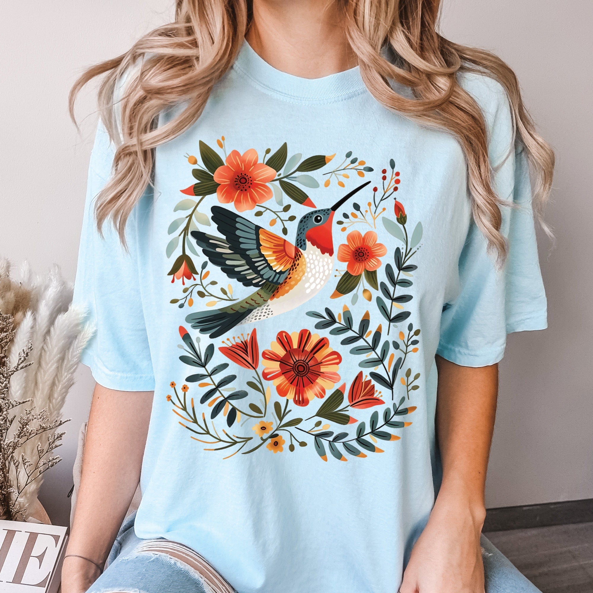 Hummingbird & Flowers Folk Art Comfort Colors Shirt