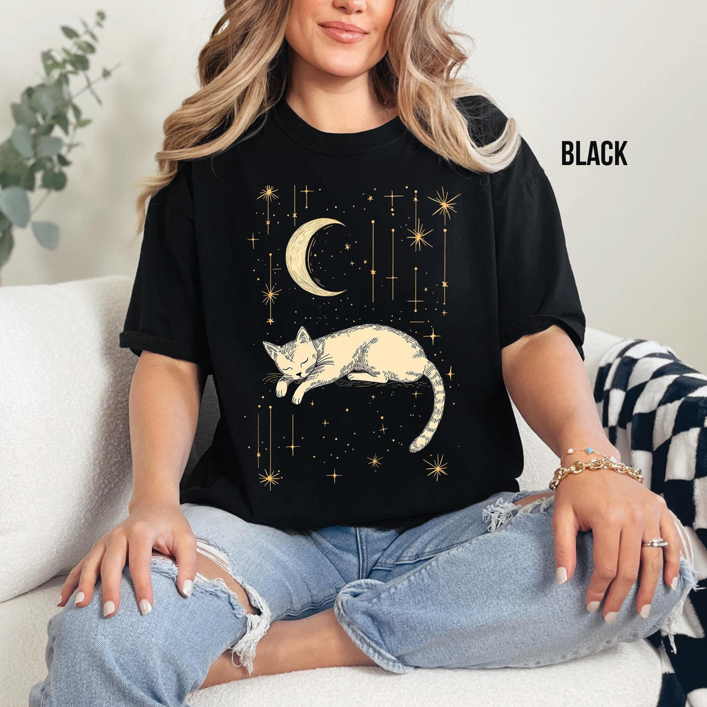 Celestial Moon & Stars Comfort Colors Cat T-Shirt