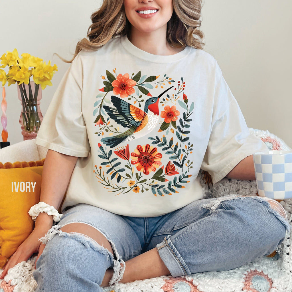 Hummingbird & Flowers Folk Art Comfort Colors Shirt