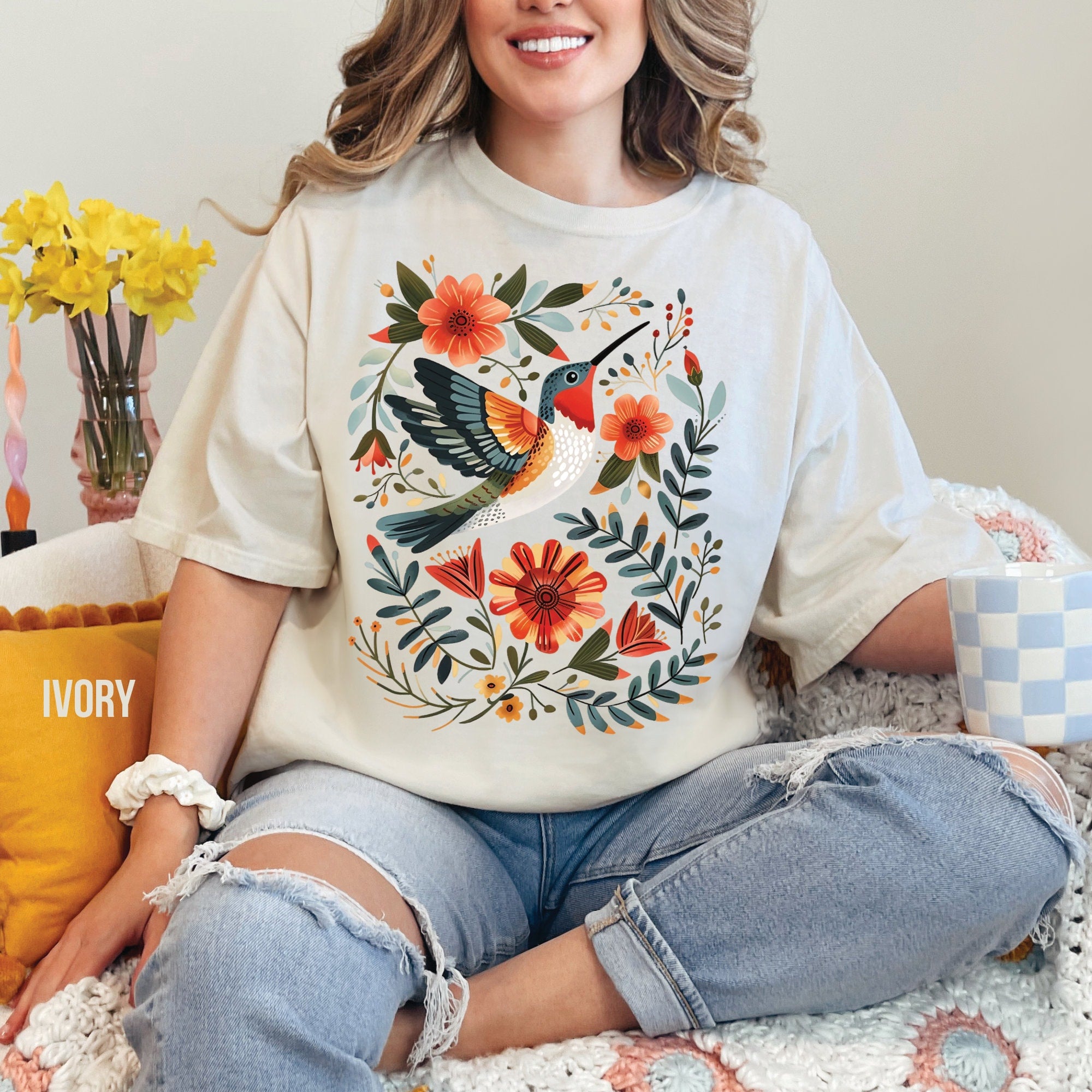 Hummingbird & Flowers Folk Art Comfort Colors Shirt