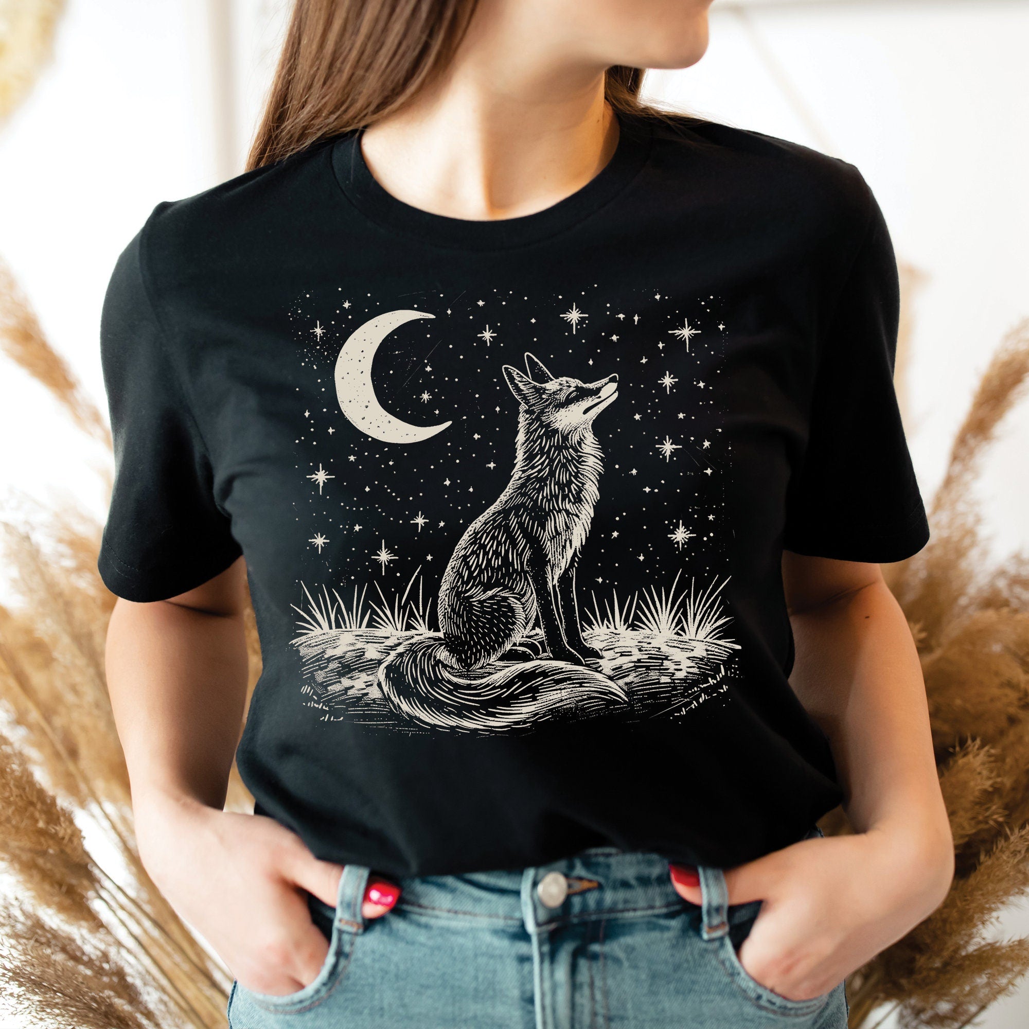 Vintage Linocut Fox Moon T-Shirt