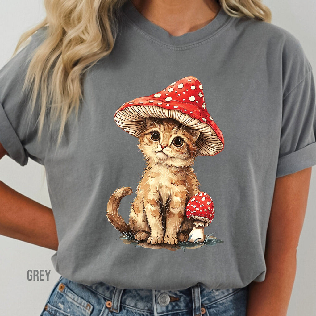 Cat and Mushroom Graphic T-Shirt