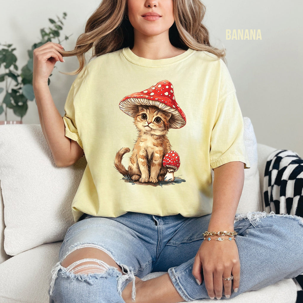 Cat and Mushroom Graphic T-Shirt