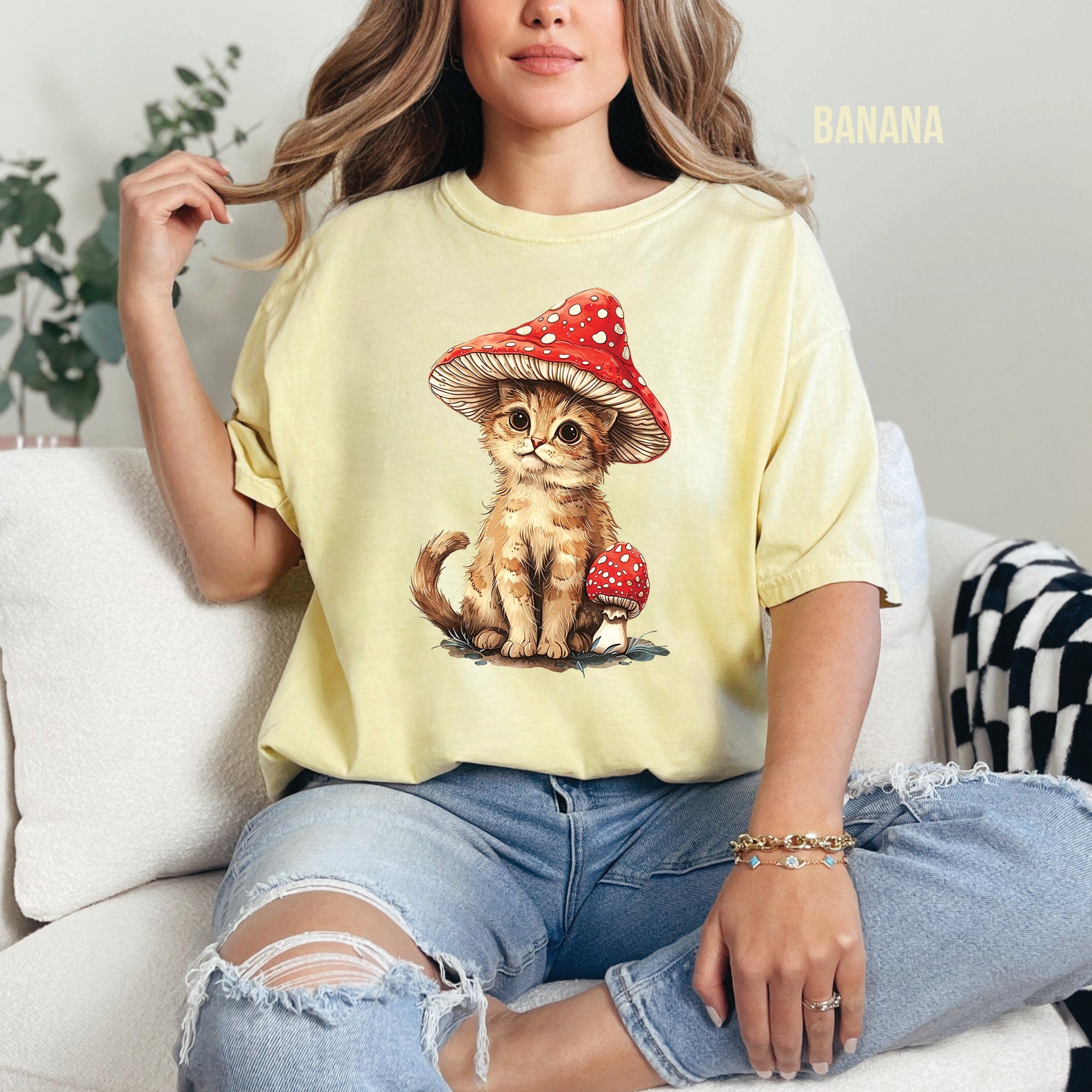 Cat and Mushroom Graphic T-Shirt