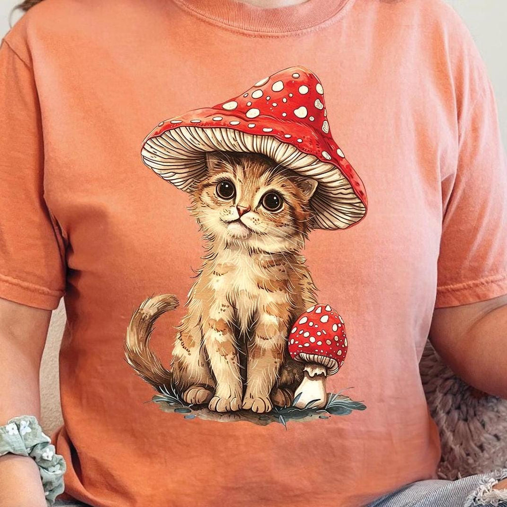 Cat and Mushroom Graphic T-Shirt