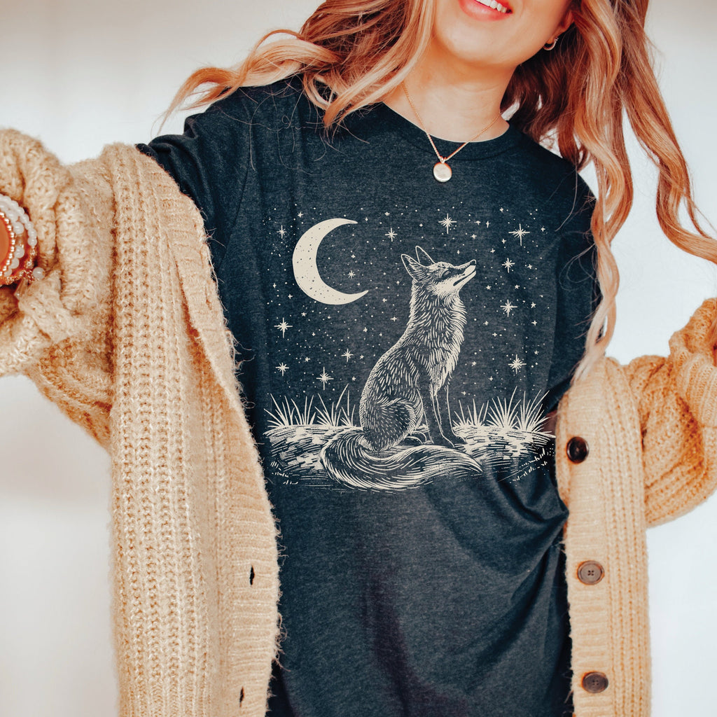 Vintage Linocut Fox Moon T-Shirt