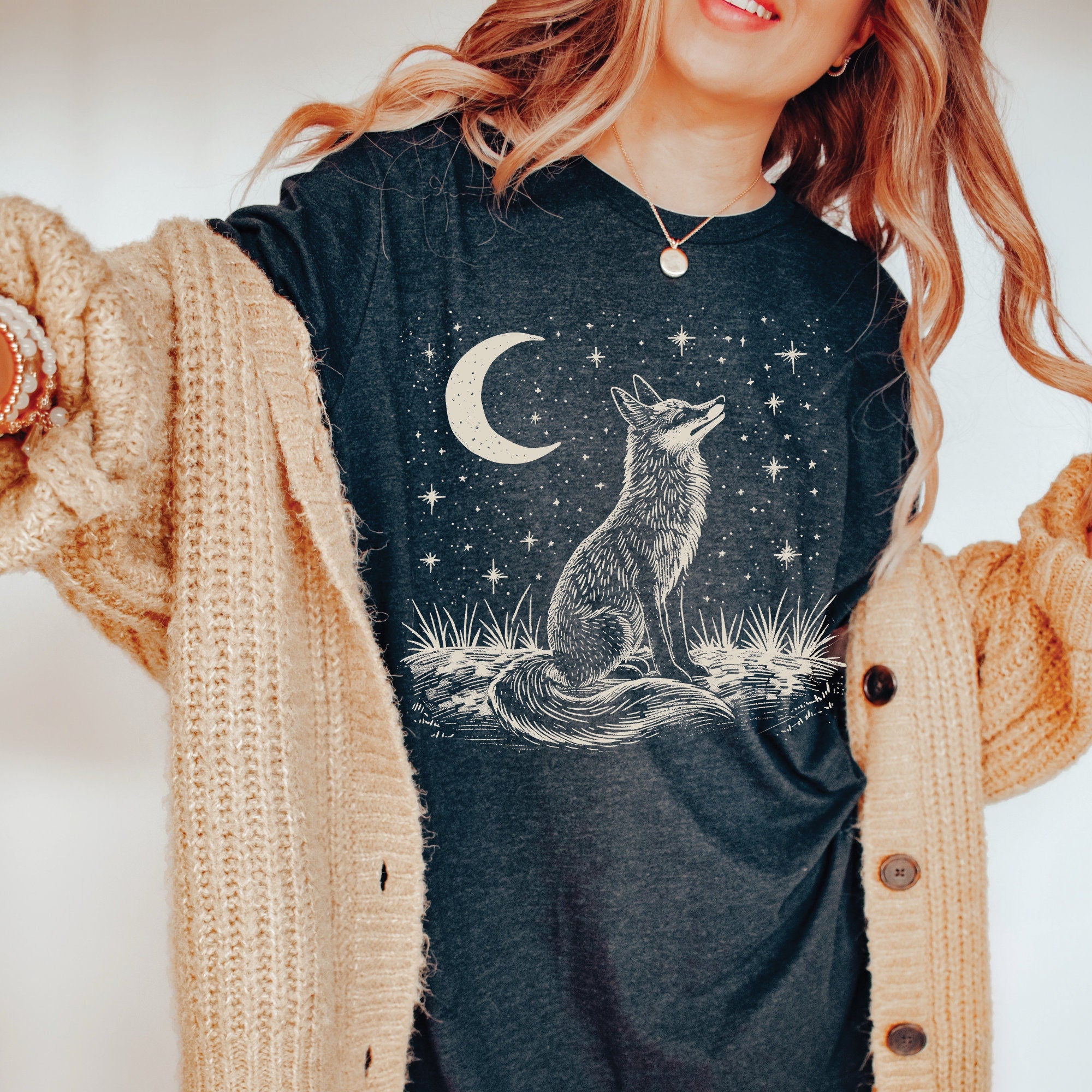 Vintage Linocut Fox Moon T-Shirt