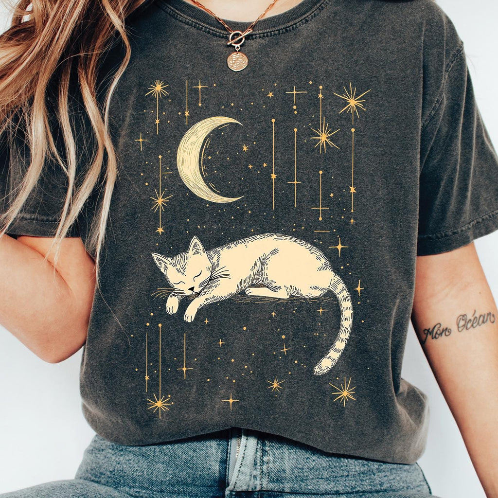 Celestial Moon & Stars Comfort Colors Cat T-Shirt