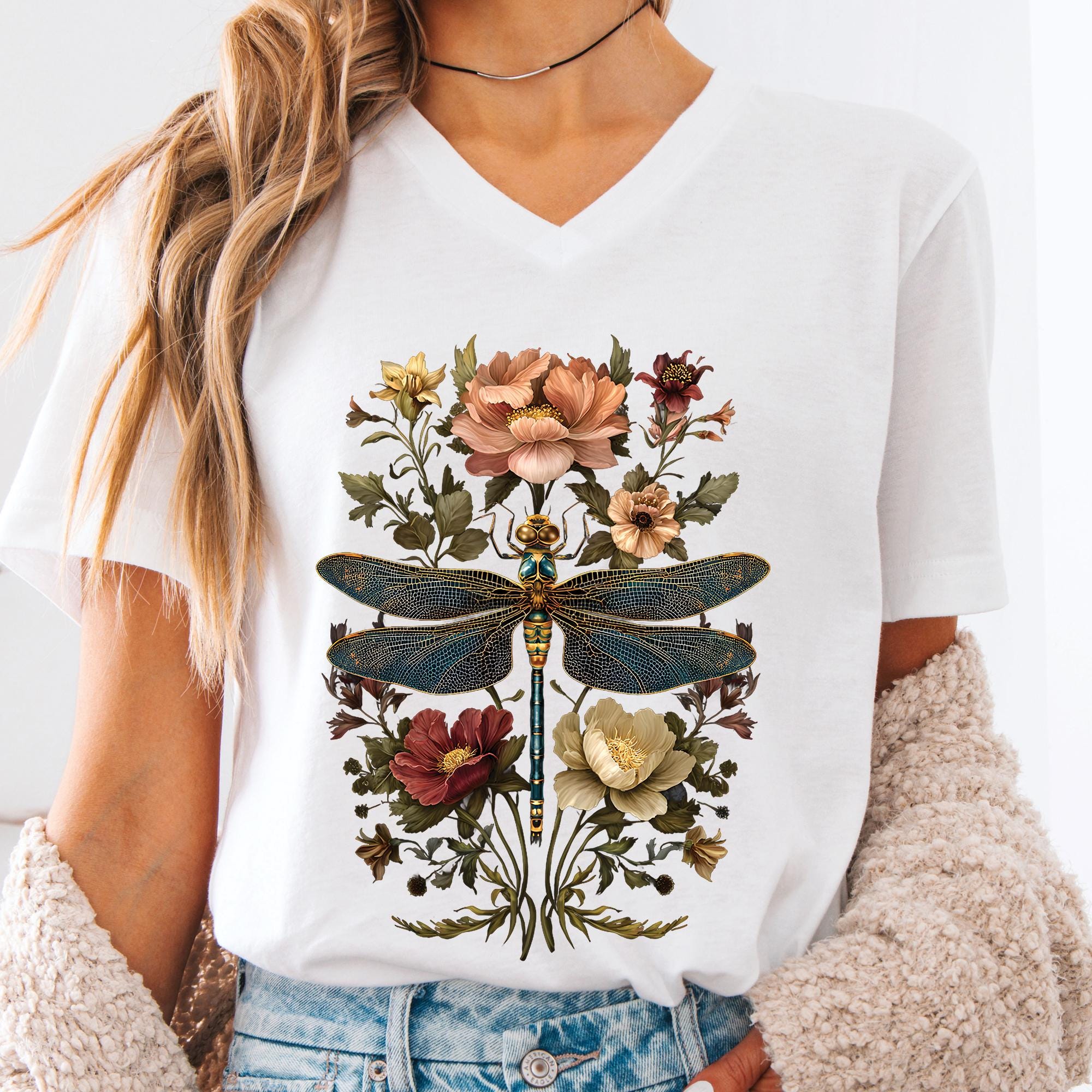 Dragonfly Floral V-neck Shirt