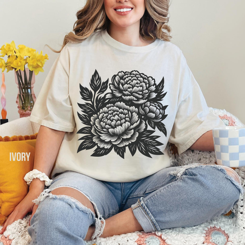 Vintage Retro Linocut Flowers T-Shirt