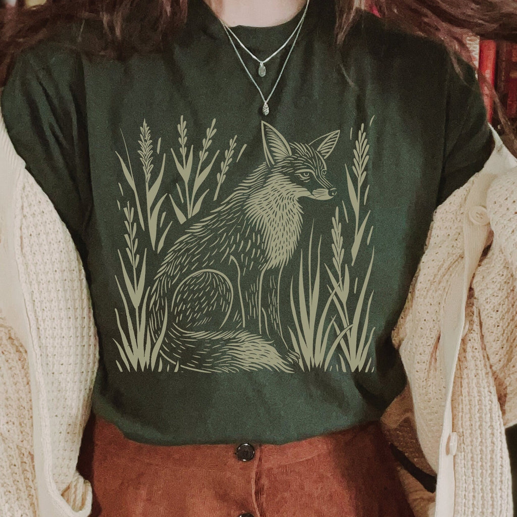 Fox & Wildflower Vintage Linocut Graphic T-Shirt