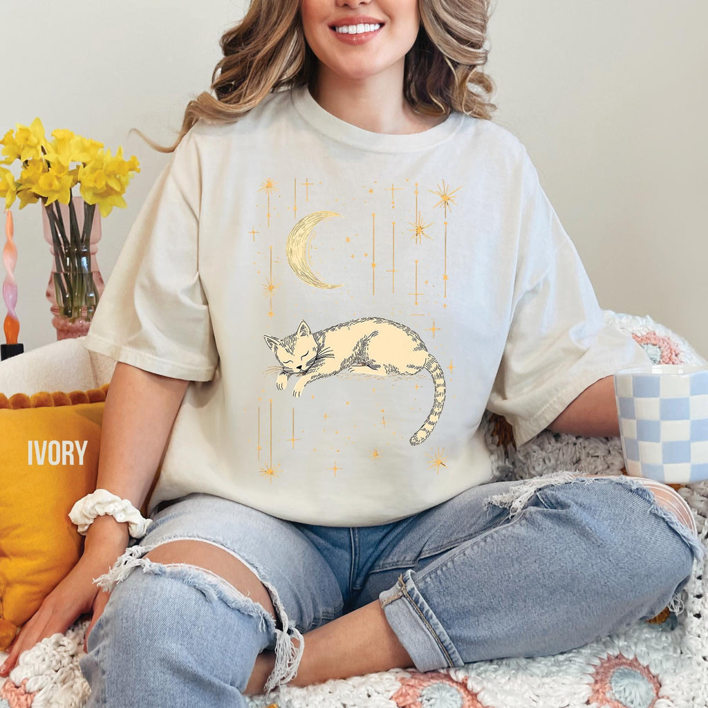 Celestial Moon & Stars Comfort Colors Cat T-Shirt