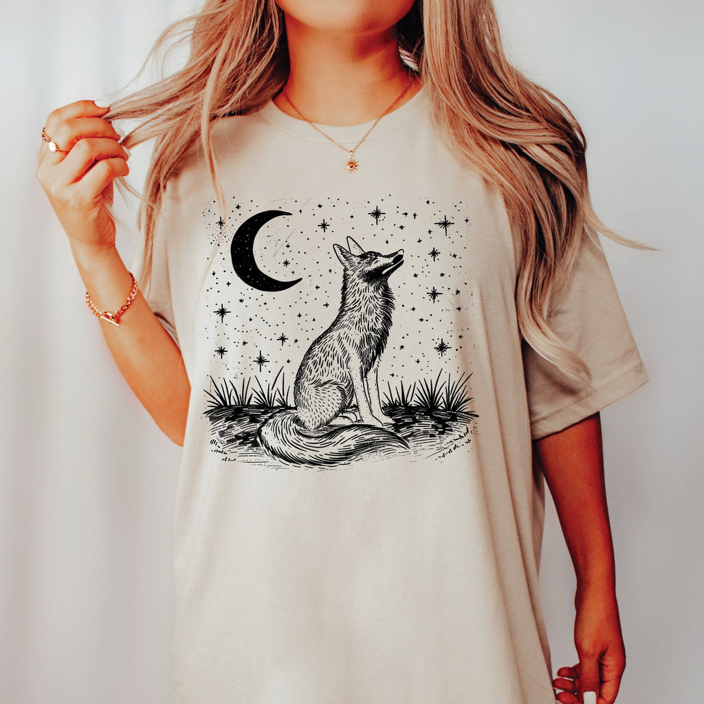 Vintage Linocut Fox Moon T-Shirt