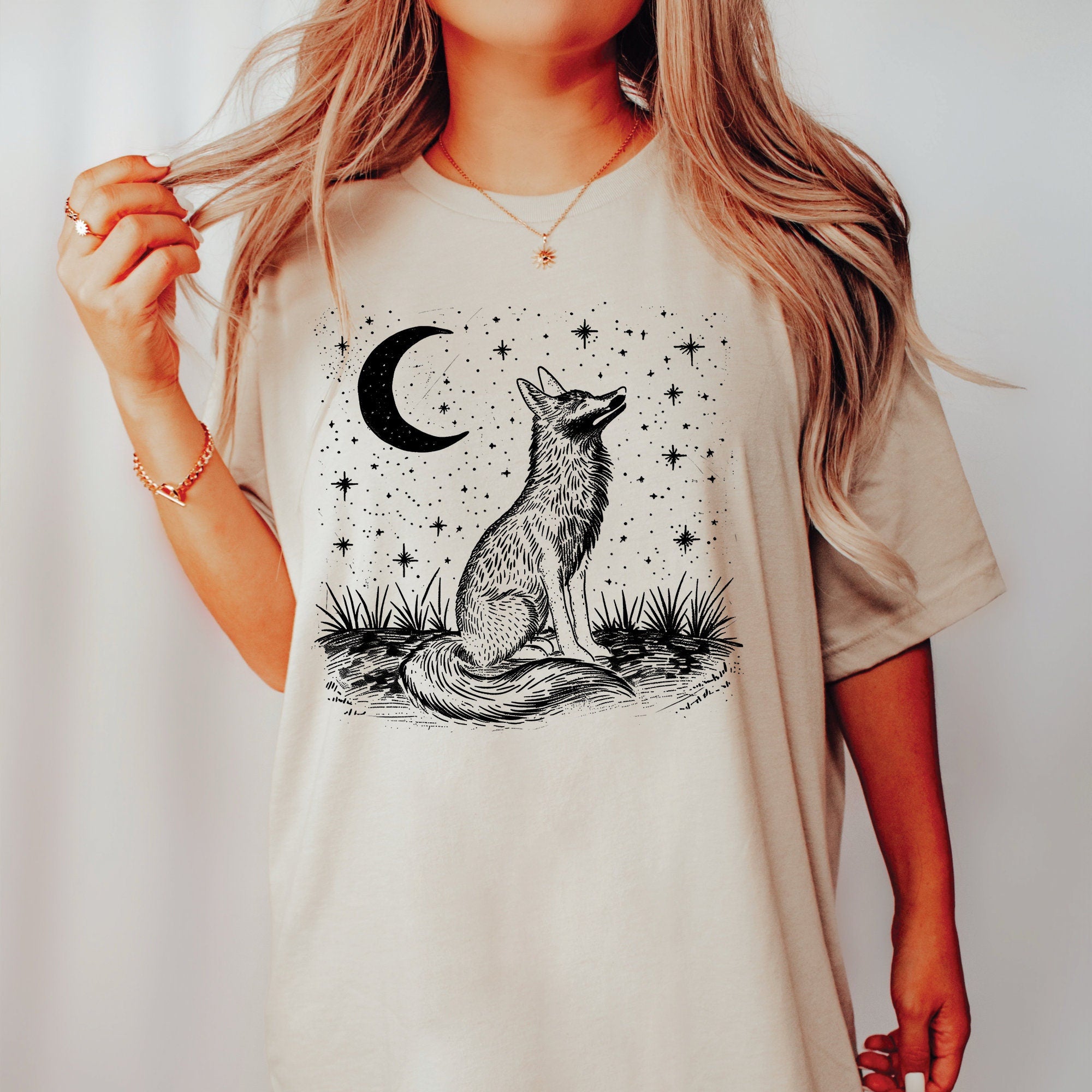 Vintage Linocut Fox Moon T-Shirt