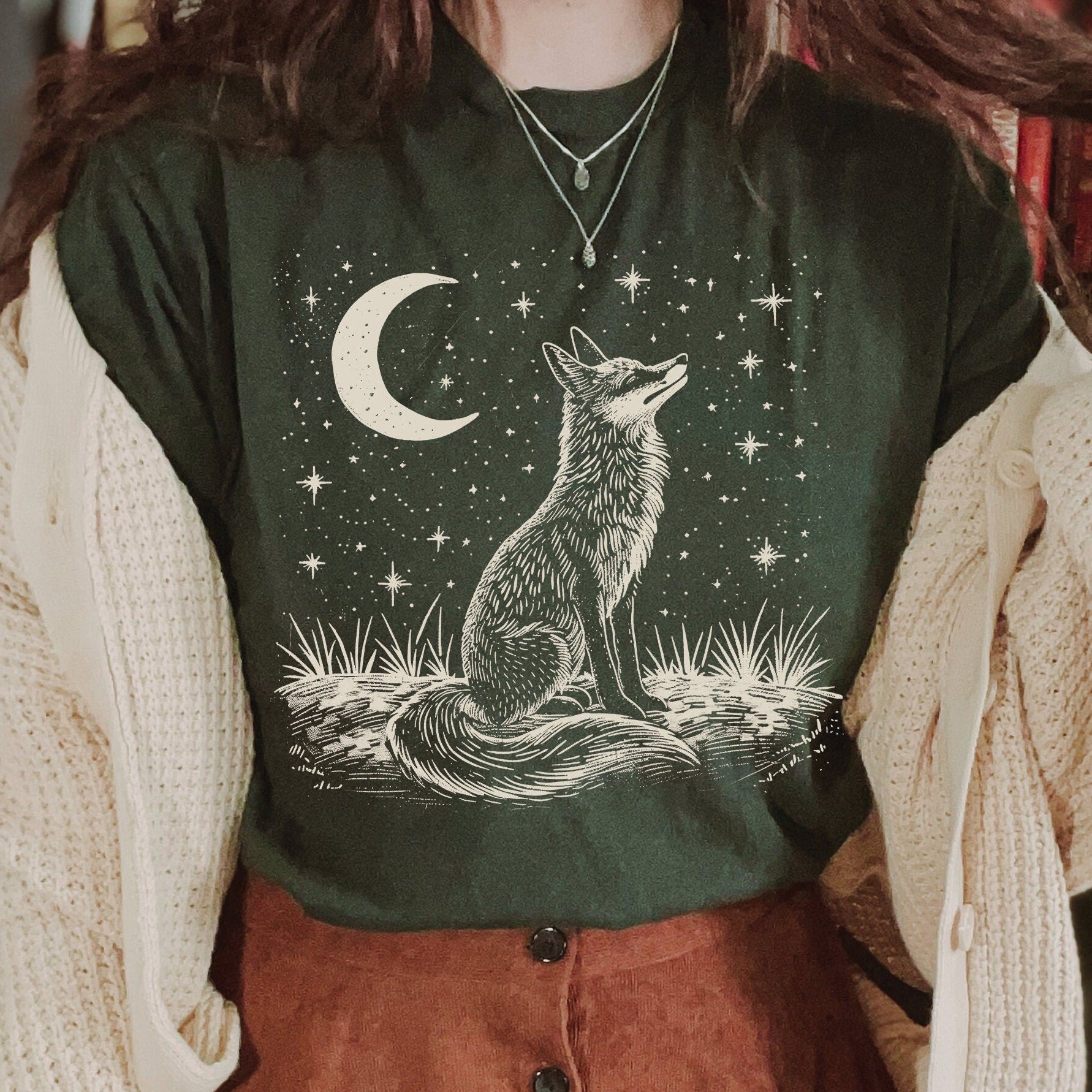 Vintage Linocut Fox Moon T-Shirt