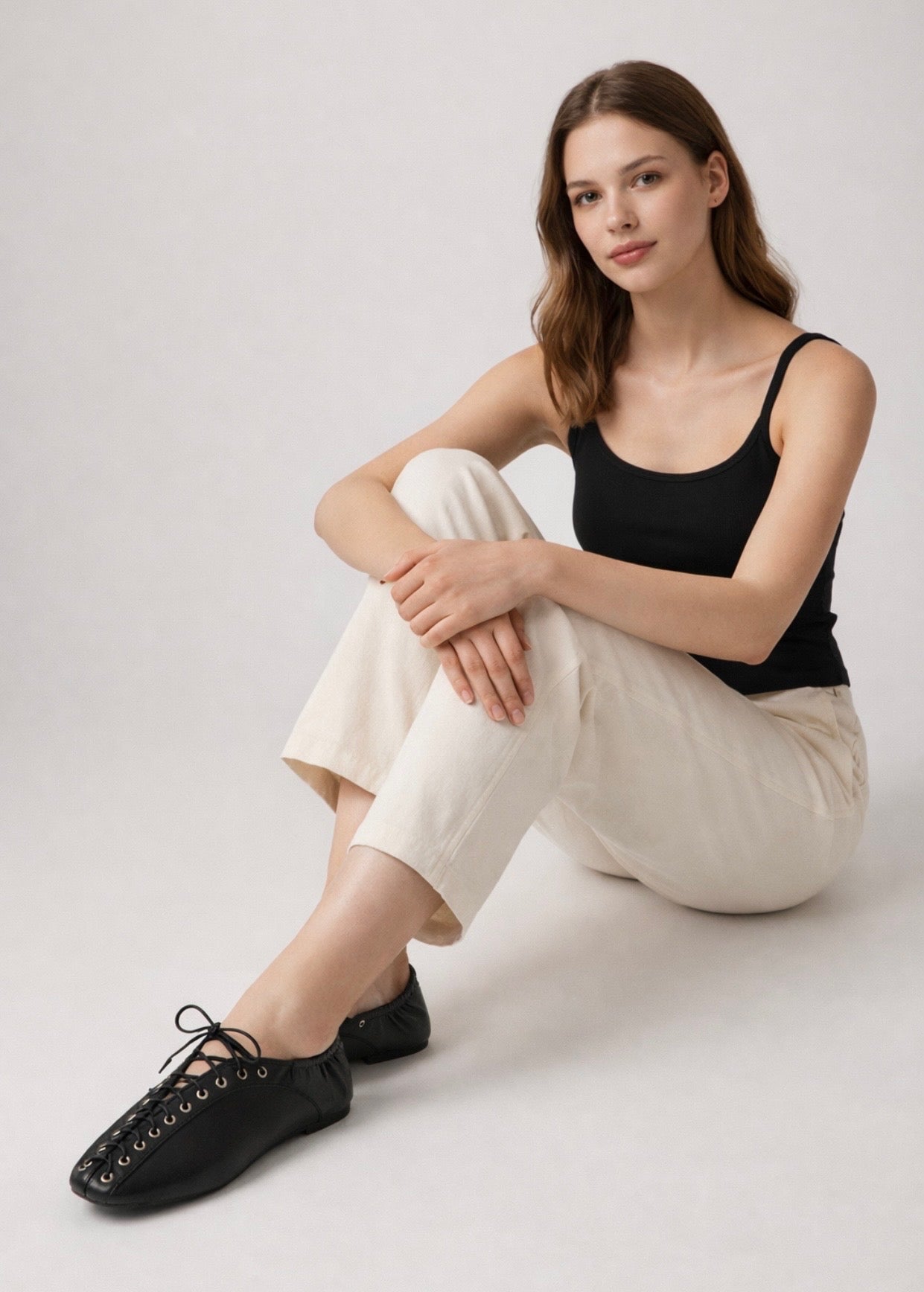 Black Lace Up Corset Style Flat Ballerina Pumps