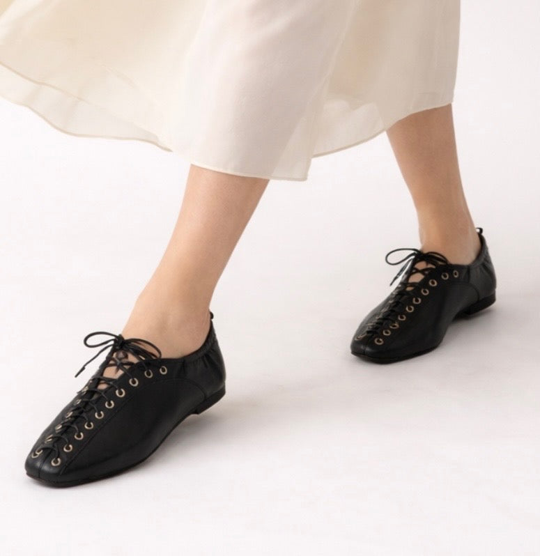 Black Lace Up Corset Style Flat Ballerina Pumps