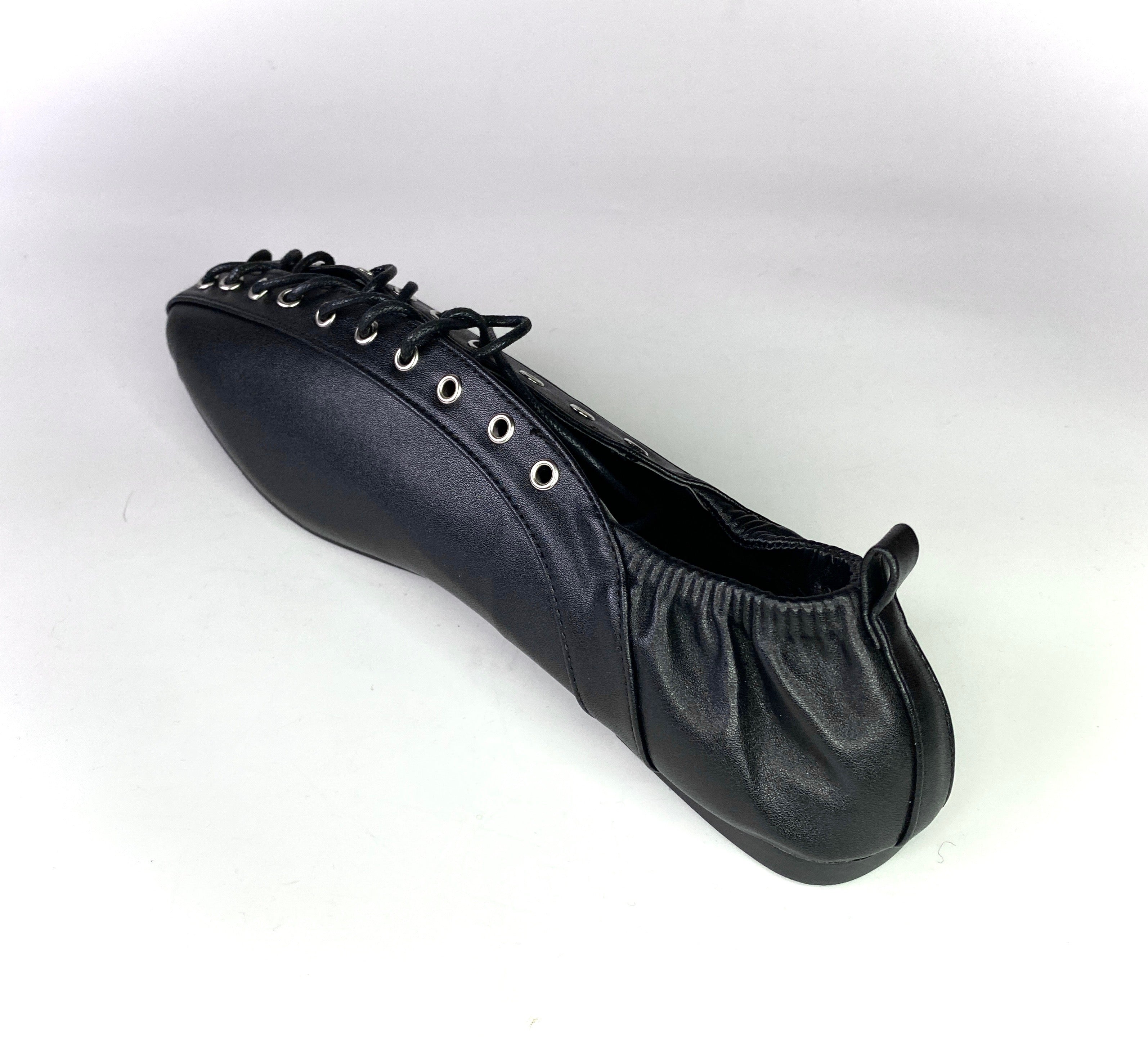 Black Lace Up Corset Style Flat Ballerina Pumps