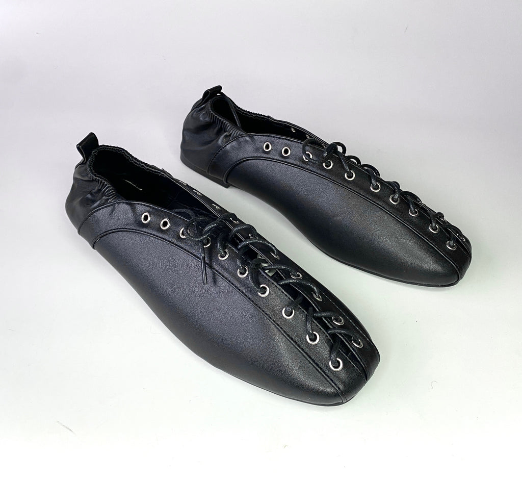 Black Lace Up Corset Style Flat Ballerina Pumps