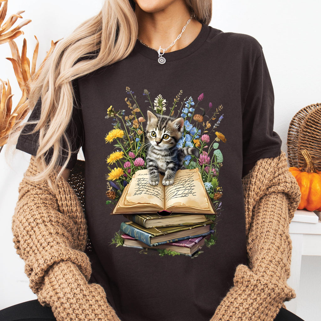 Floral Cat Book T-Shirt