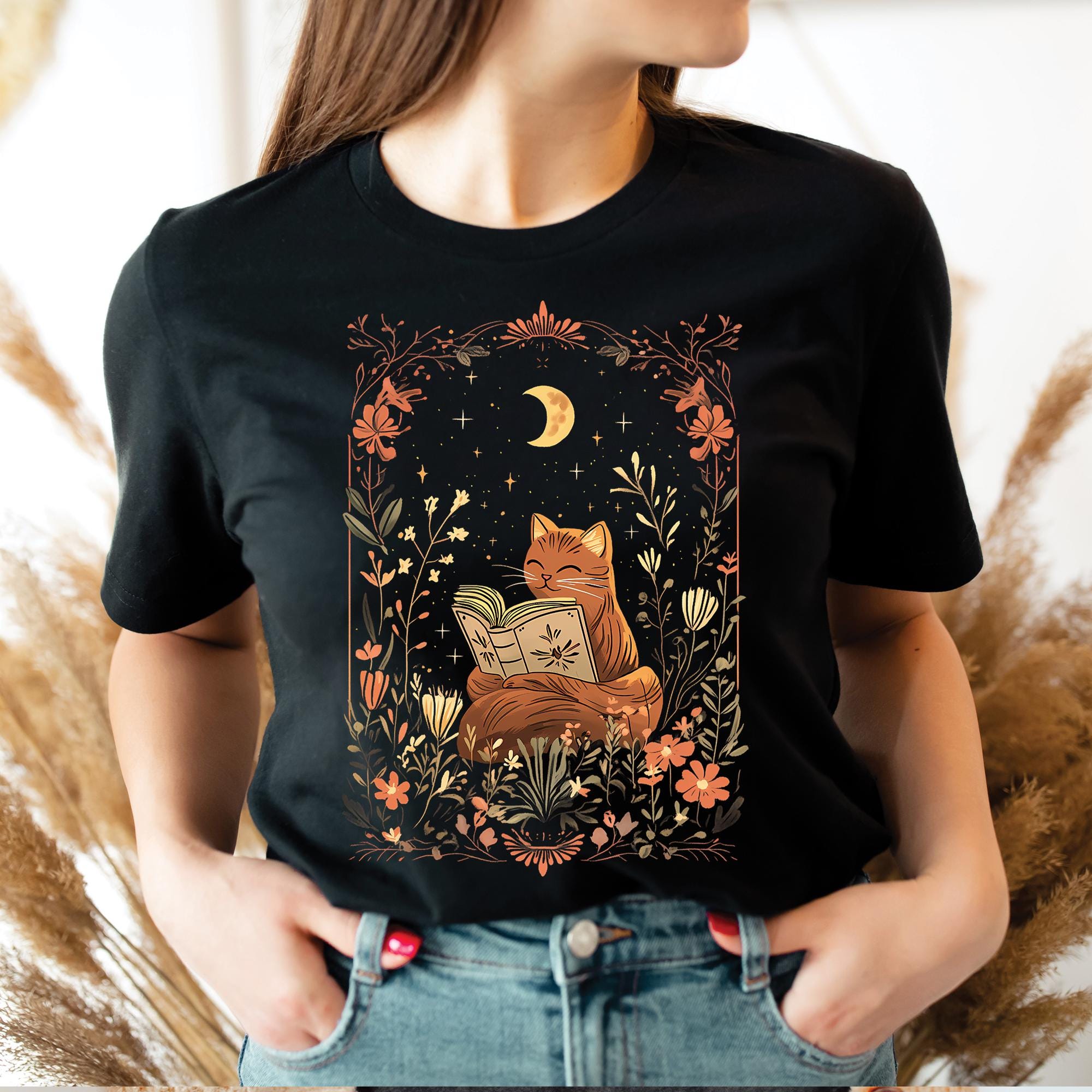 Cottagecore Cat Reading Book T-Shirt