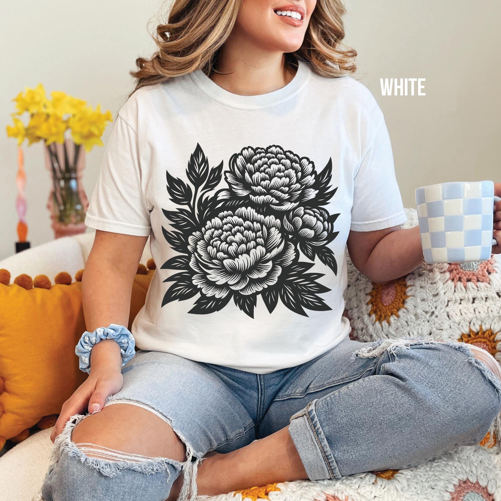 Vintage Retro Linocut Flowers T-Shirt