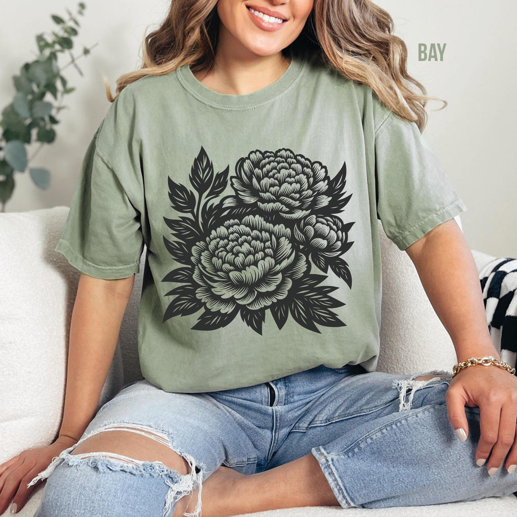 Vintage Retro Linocut Flowers T-Shirt