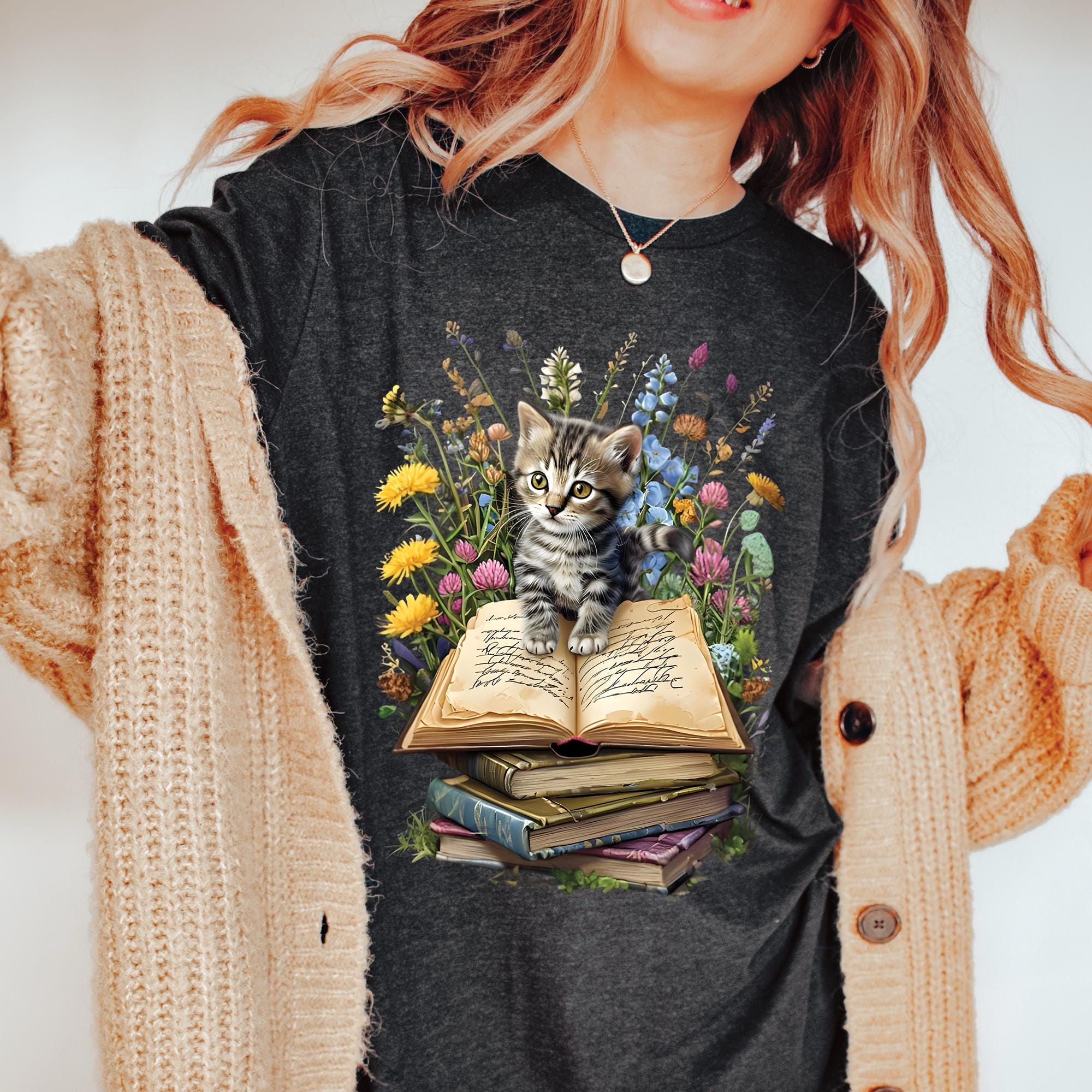 Floral Cat Book T-Shirt