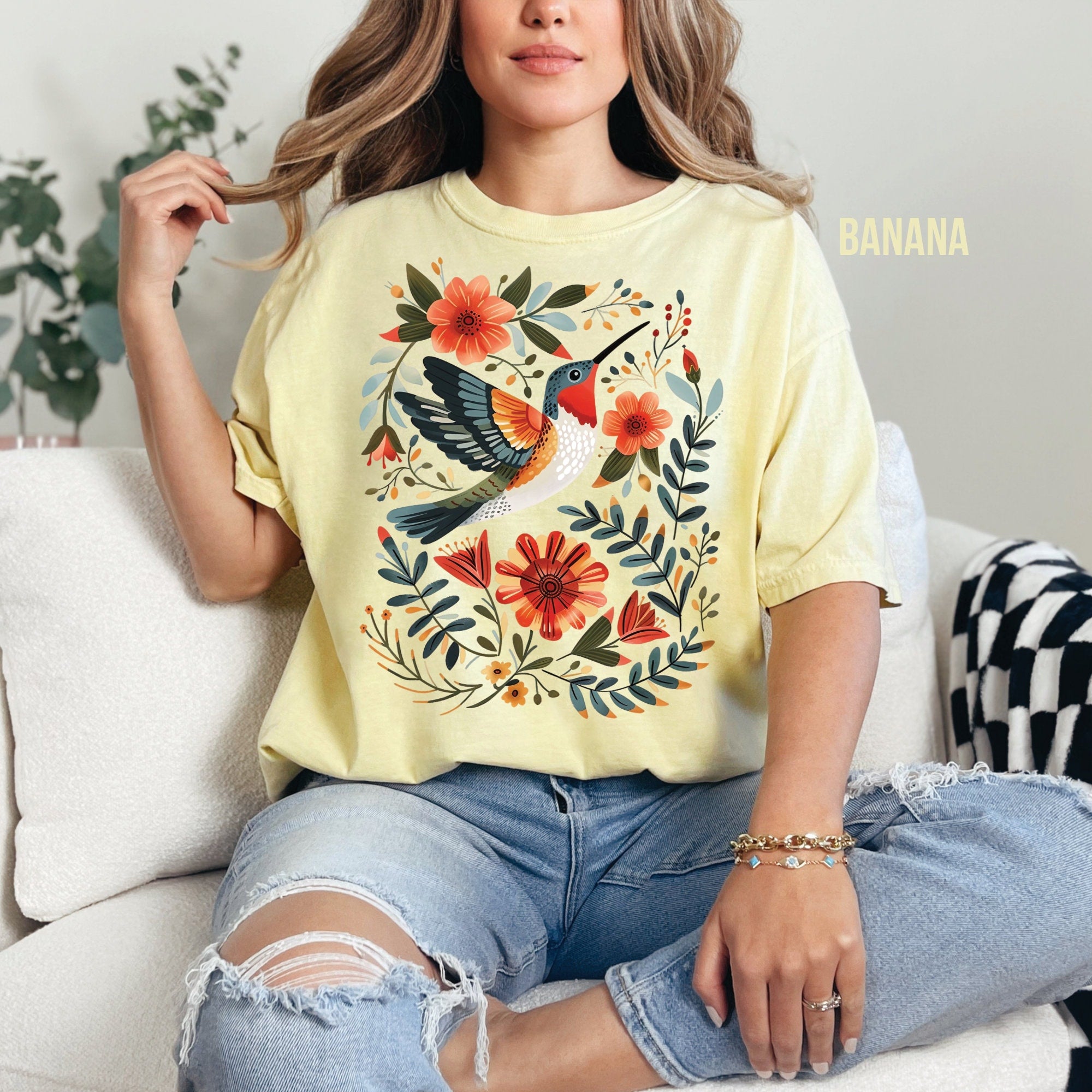 Hummingbird & Flowers Folk Art Comfort Colors Shirt