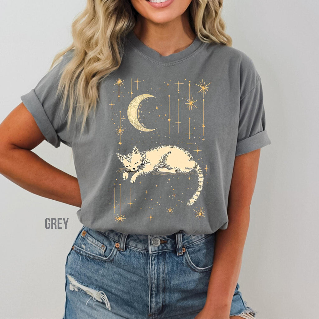 Celestial Moon & Stars Comfort Colors Cat T-Shirt