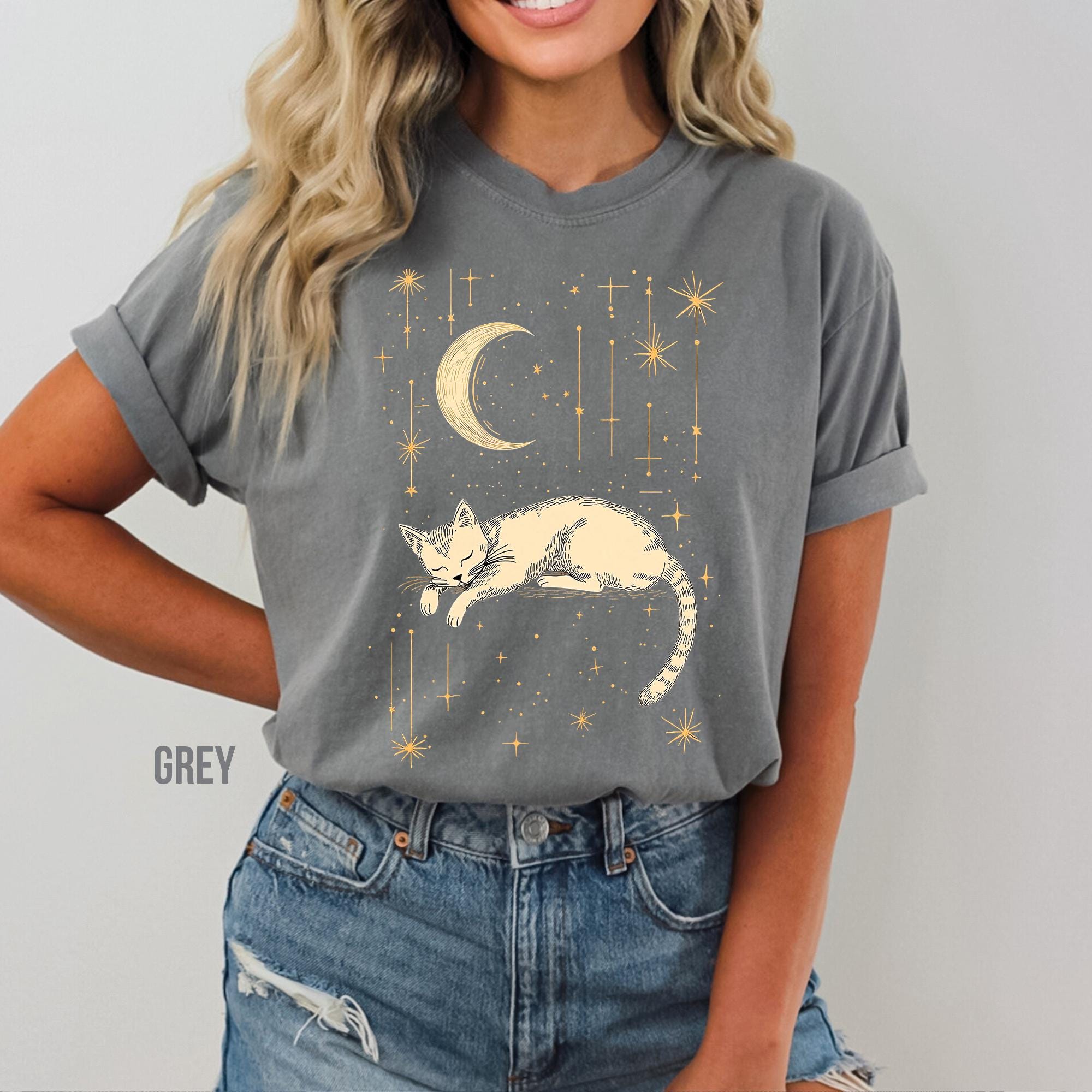 Celestial Moon & Stars Comfort Colors Cat T-Shirt