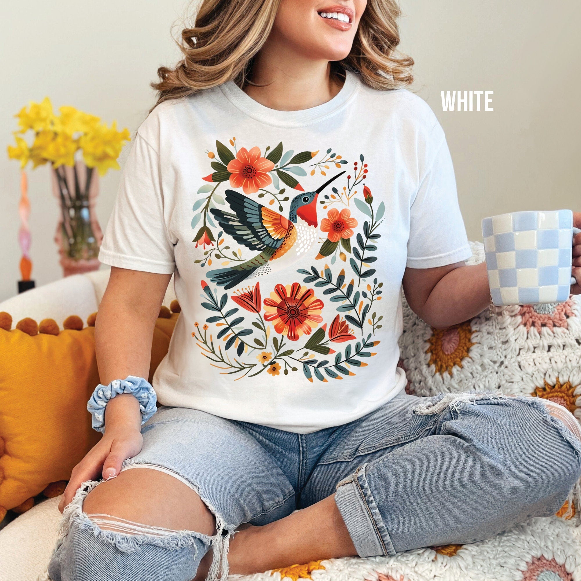 Hummingbird & Flowers Folk Art Comfort Colors Shirt