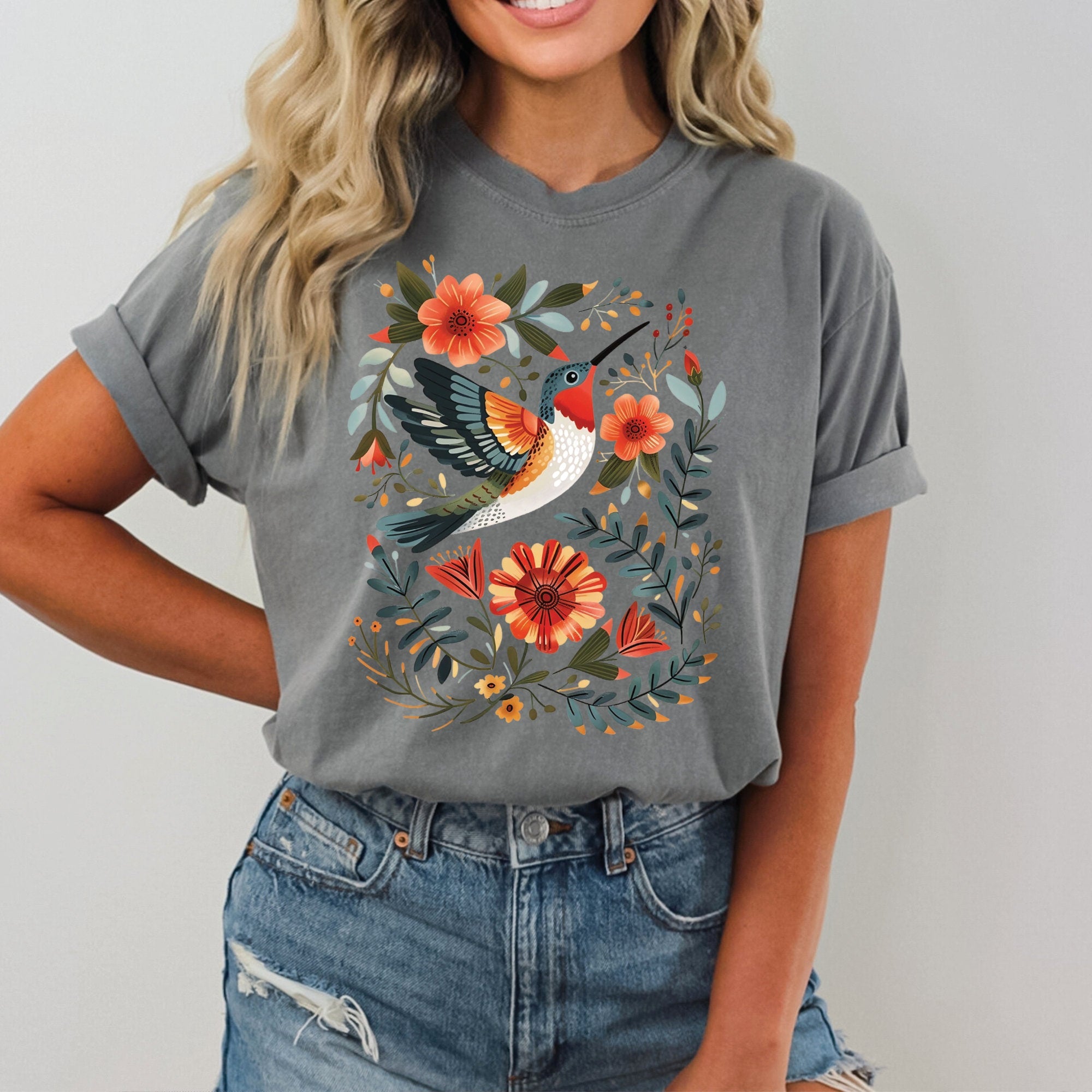 Hummingbird & Flowers Folk Art Comfort Colors Shirt