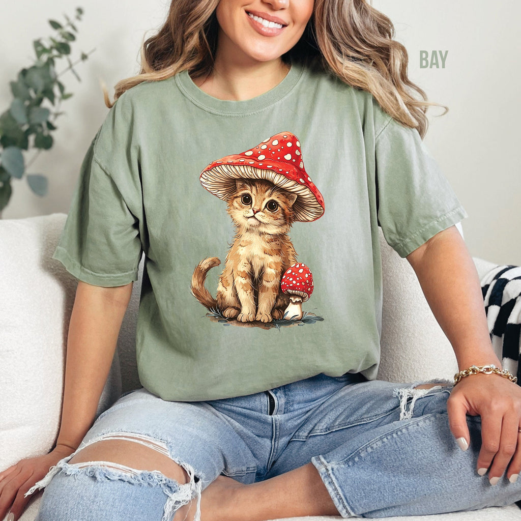 Cat and Mushroom Graphic T-Shirt