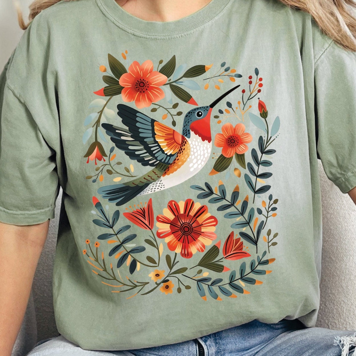 Hummingbird & Flowers Folk Art Comfort Colors Shirt